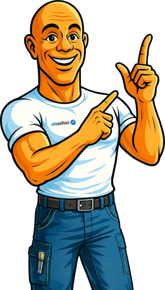 Meister-Pietro-Comicfigur von Vissoltec zeigt auf das Anfrageformular